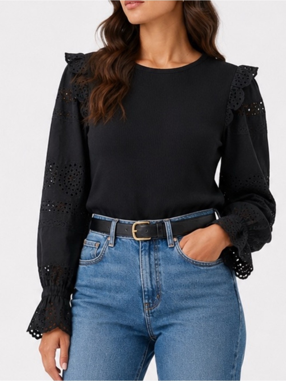 J. Crew rib knit lace eyelet sleeve top.